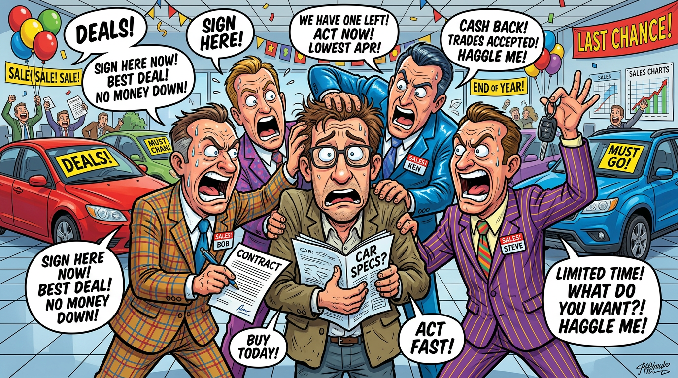A confused car buyer surrounded by aggressive car salespeople